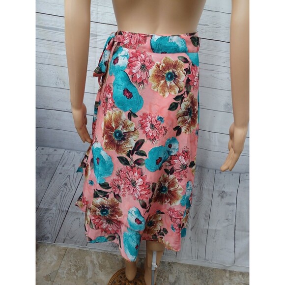 Wrap Skirt Reversible Women Floral Coral Blue Silk Blend Sz M - Picture 4 of 10